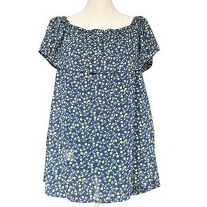 ICHI Short Sleeve Blue with Yellow Floral Design‎ Blouse Sz XL